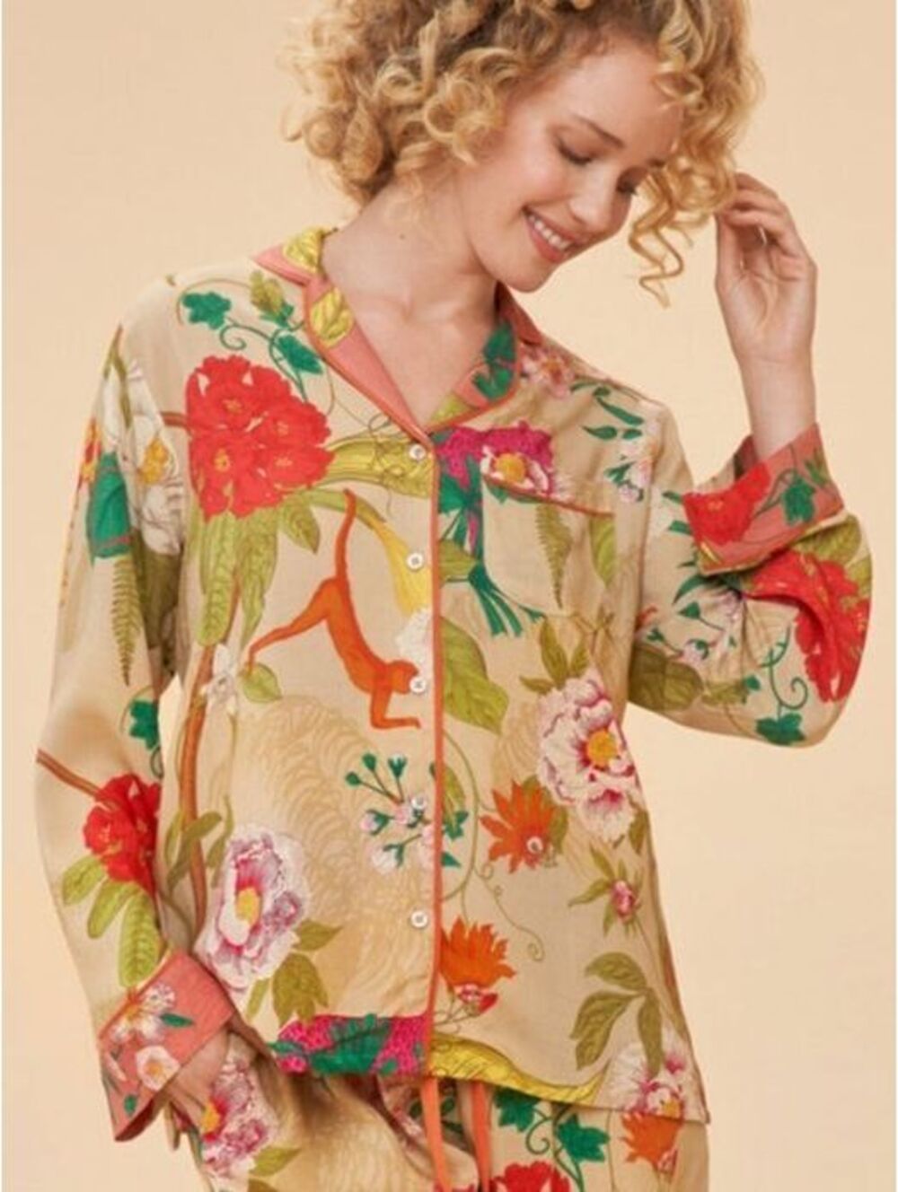Powder London Floral Animal Print Pajama Top Button Front Pink Green Women's M